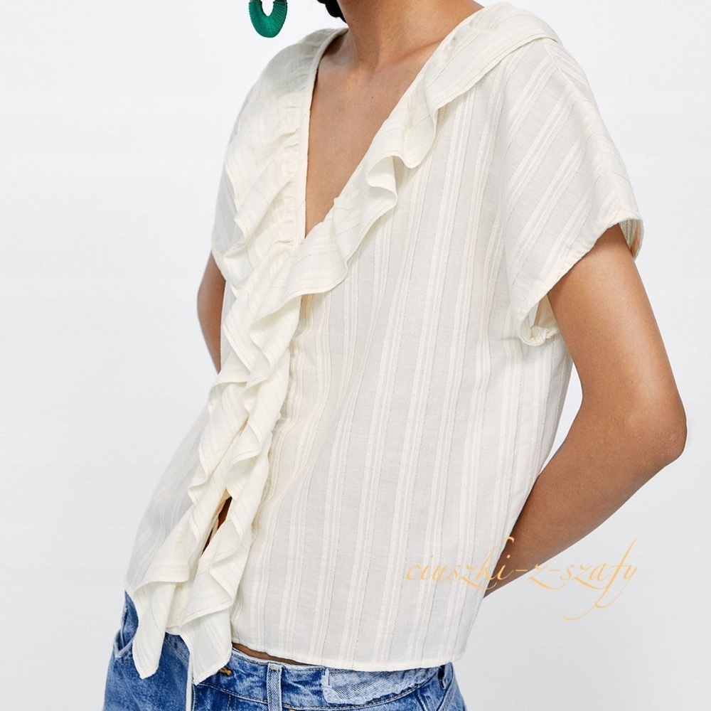 Zara Cream Gold Ruffle Shirt Lace-Up